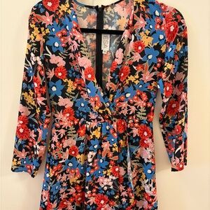 RESA Black Floral V-Neck Mini Dress with Blue, Red & Pink Print